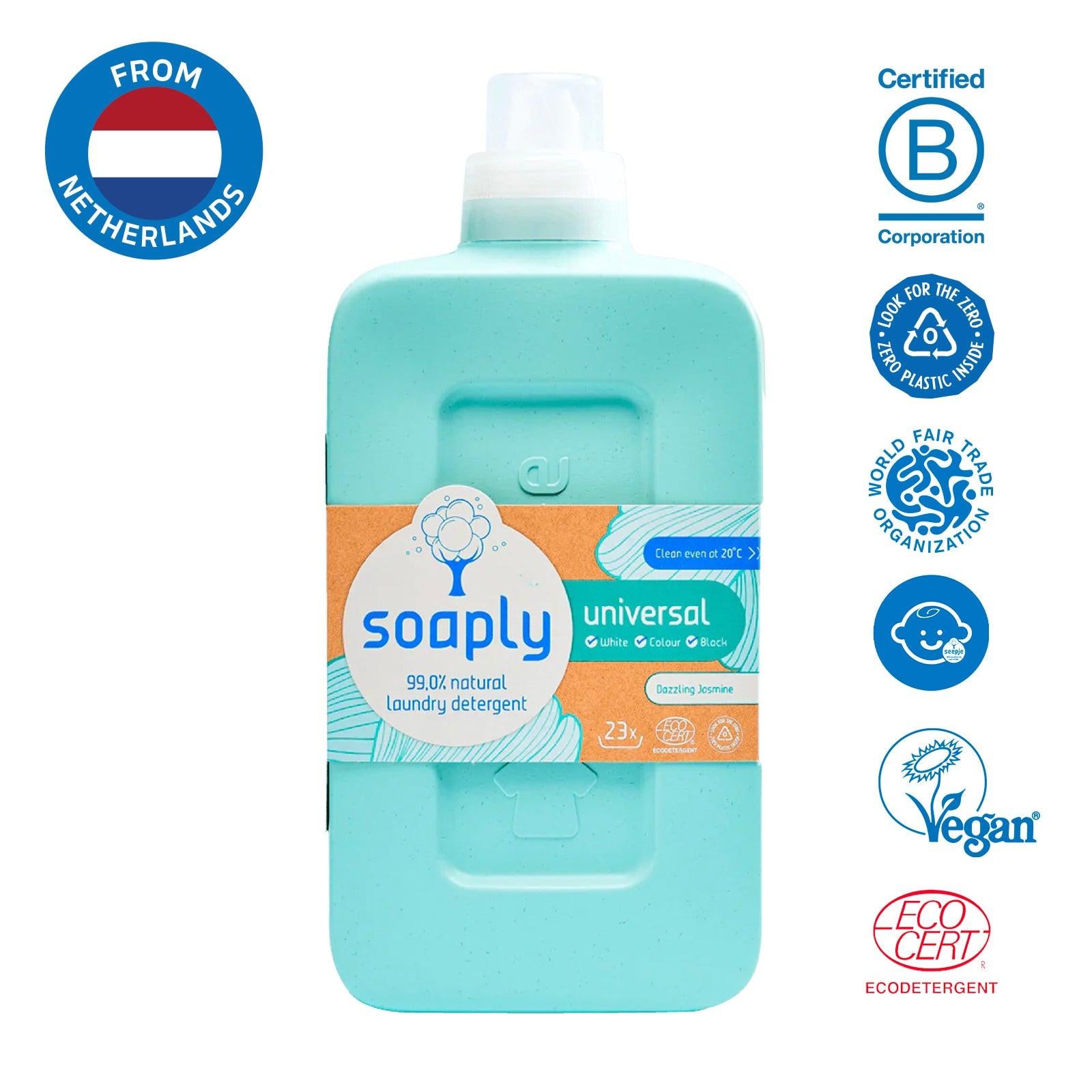 Soaply universal laundry detergent bottle with certification logos on a white background