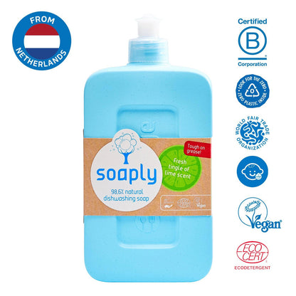Blue dishwashing soap bottle with various certification logos on a white background