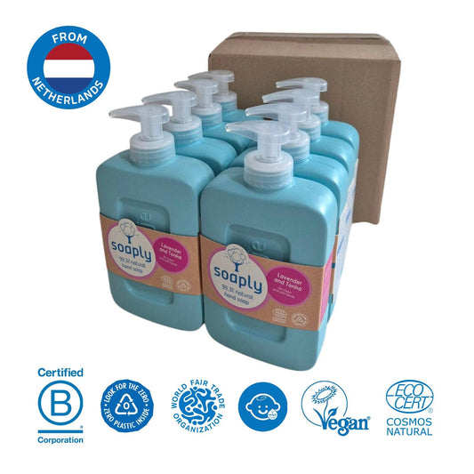 Multiple bottles of Soaply Lavender and Tonka Handsoap with pump dispensers, a cardboard box, and certification logos on a white background.