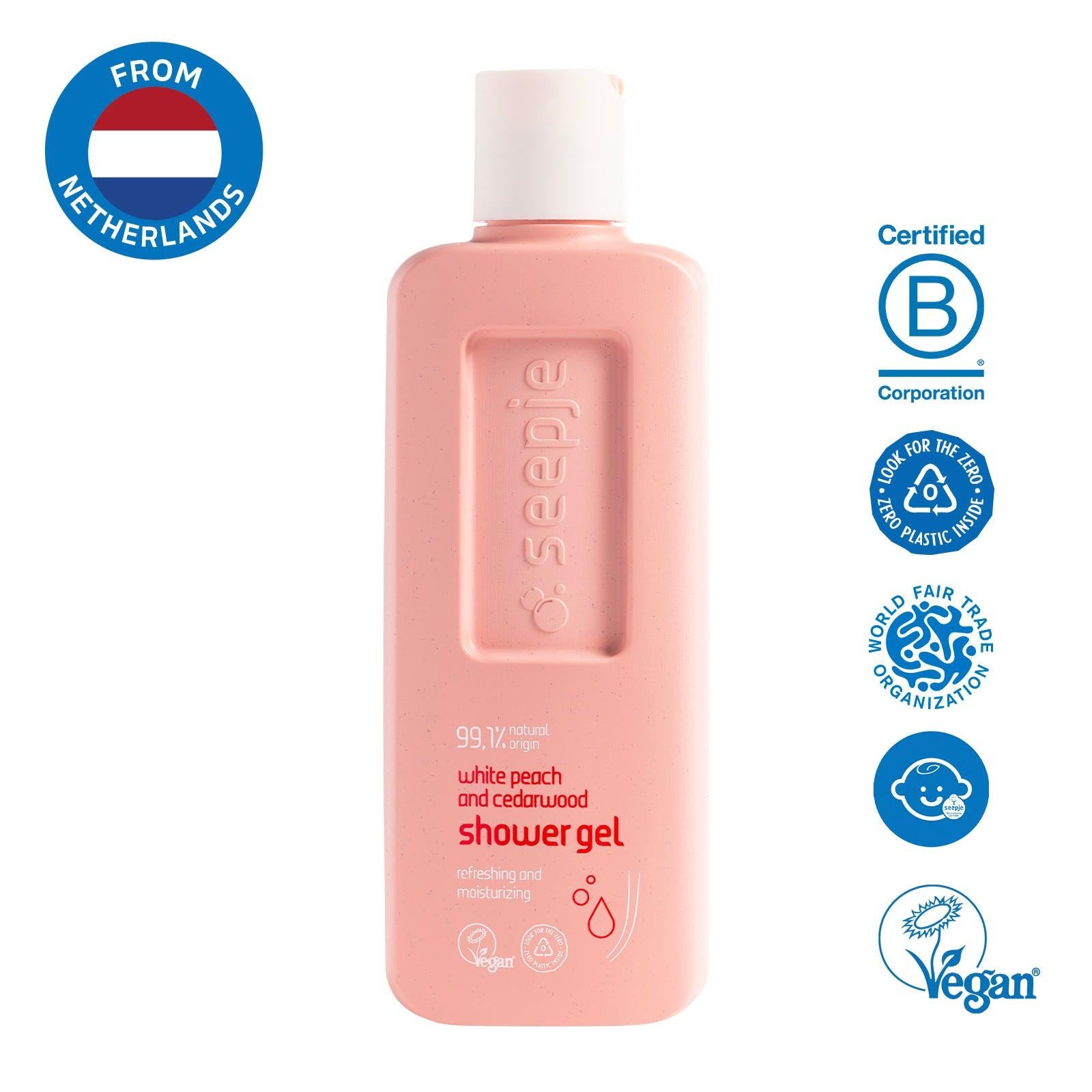 White Peach and Cedarwood Shower Gel from Netherlands in a Pink Bottle with Certifications